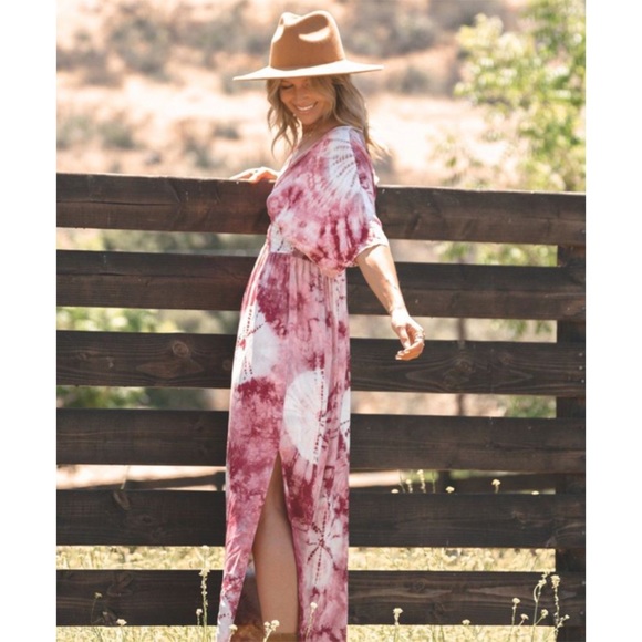SOLD OUT Wine Kimono Tie Dye Boho Maxi Dress - Picture 5 of 7